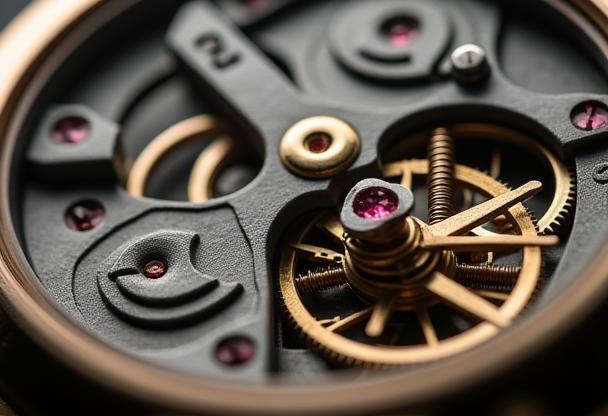 Close-up detail of a watch movement revealing intricate parts